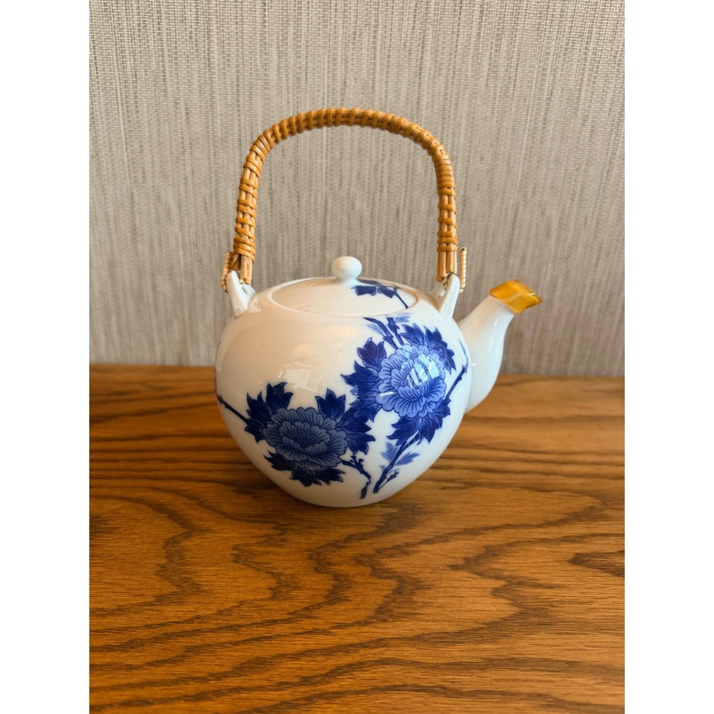 Vintage Blue White Porcelain Dobin Style Teapot with Rattan Handle